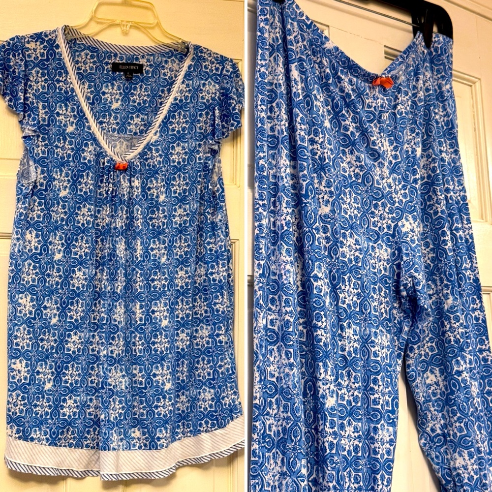 Ellen Tracy Blue Floral Pajama‎ Set with Lace Trim